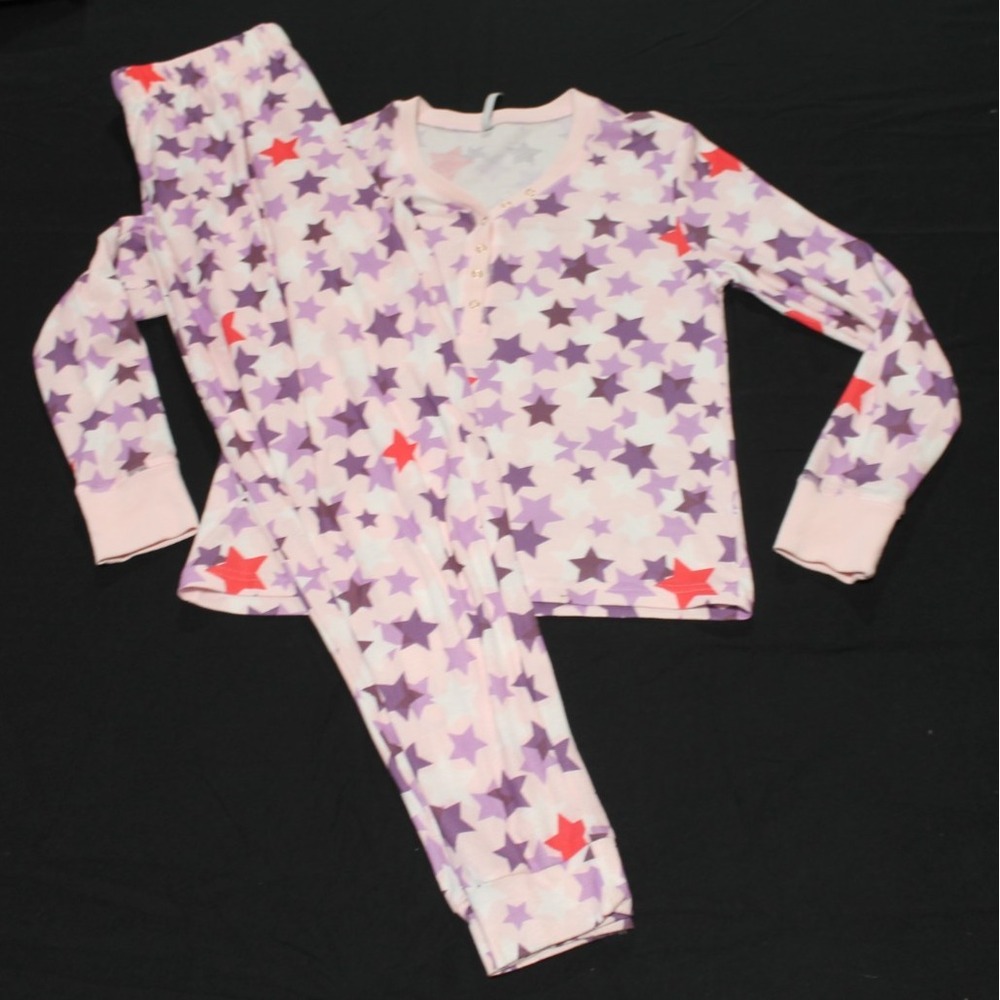 Wallflower Pajama Set Women's Large Pink Purple Star Print Henley Top Pants